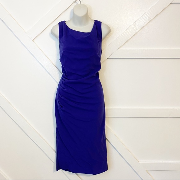 Milly Mishka Ruched Sleeveless Jersey Sheath Midi Dress Blue Purple Sz 14 - Picture 4 of 13